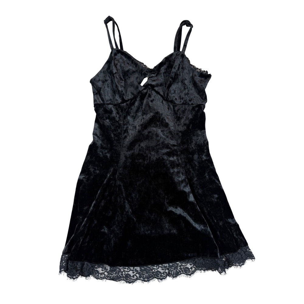 Hot Topic Black Crushed Velvet Lace Trim Coffin Charm Goth Mini Dress Small SM